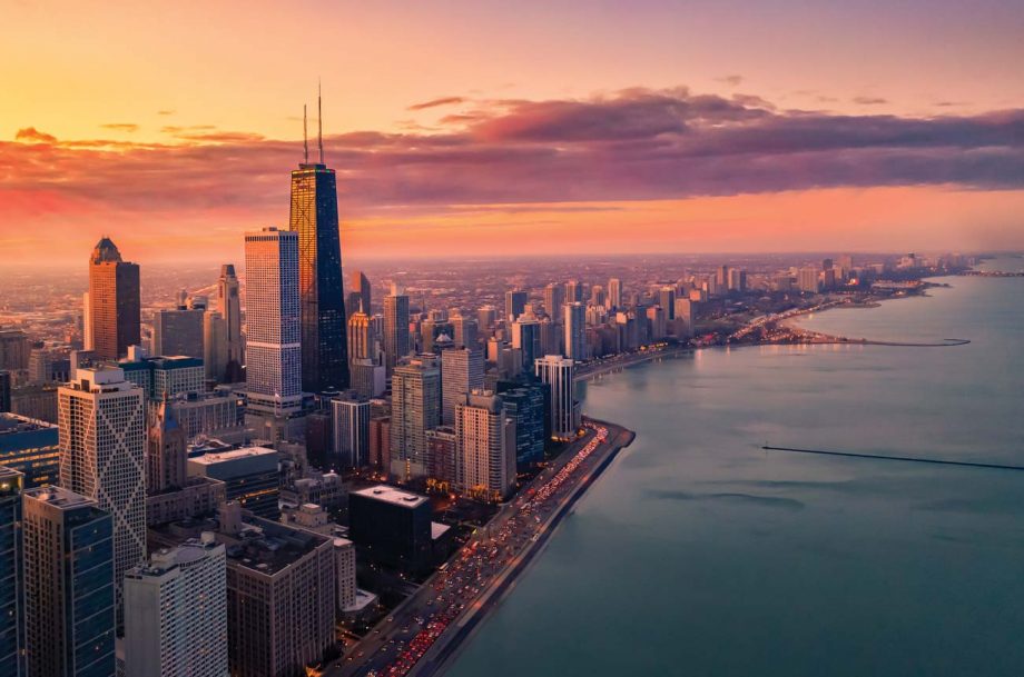 Chicago's lakeside skyline at sunset